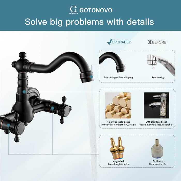 gotonovo Wall Mount Sink Faucet Dual Knobs cross Handle Vintage Kitchen Bathroom Farmhouse Mixer Tap