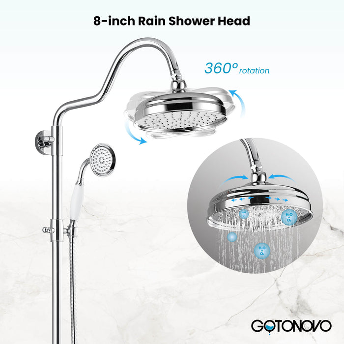 Gotonovo Exposed Shower System Wall Mount 8 inches Stainless Steel SUS304  Shower Head With Adjustable Hand Spray Triple Function Rainfall Shower