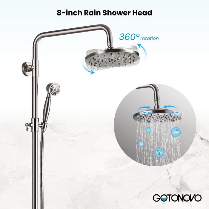 Gotonovo Exposed Shower System 8 Inch Rainfall Shower Head with Handheld Spray Dual Cross Knobs Mixer Bathroom Shower Combo Set Wall Mount