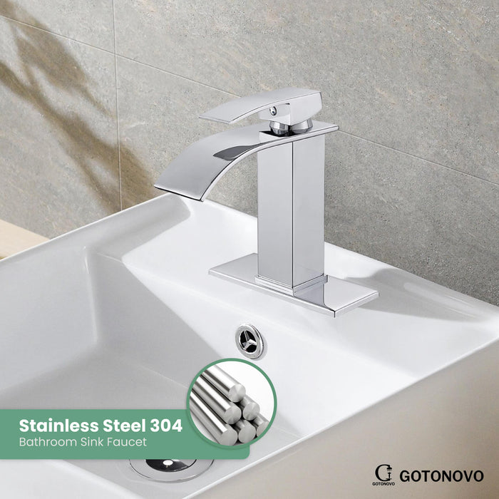 gotonovo Waterfall Bathroom Sink Faucet Deck Mount 304 Stainless Steel 1 Hole Single Handle Hot and Cold Mixer Tap(2 styles-without Pop Up Drain & with Pop Up Drain)