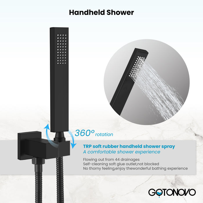 Gotonovo Rain Shower Combo Set Ceiling Mounted Square Rainfall Shower Head with Body Spray Jets and Brass Handshower Pressure Balance Rough-in Valve and Trim Included