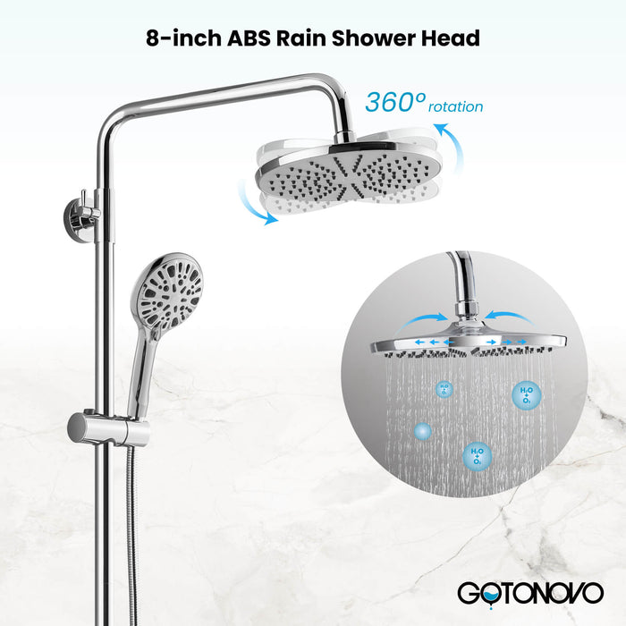 Gotonovo Exposed Shower System Thermostatic 8’’ Round Shower Head with Height Adjustable Slide Bar ABS Handheld Sprayer Wall Mount Shower Fixture