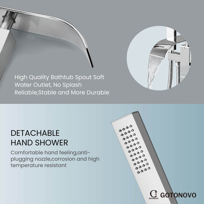 gotonovo Freestanding Tub Filler Waterfall Bathtub Faucet Floor Mount Single Handle Brass Tub Faucets with Handheld Shower Swivel Spout
