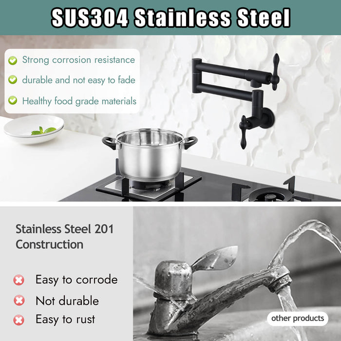Stainless Steel SUS304 Pot Filler Faucet Double Joint Spout Stretchable Swing Arm with Single Hole Two Handles Wall Mounted Commercial Kitchen Sink Faucet