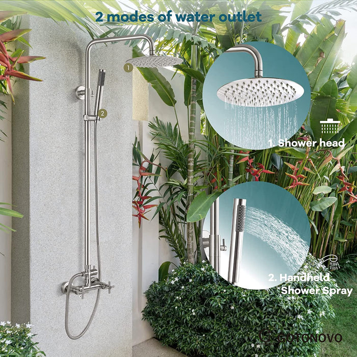 gotonovo Outdoor Shower Faucet SUS304 Shower Fixture System Combo Set Double Cross Handle Rainfall Shower Head High Pressure Hand Spray Wall Mount 2 Function 8 inch