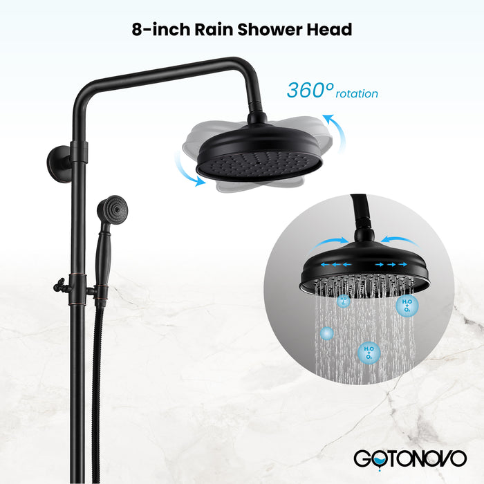 Gotonovo Exposed Shower Fixture 8 Inch Rainfall Shower Head with Handheld Spray Dual Cross Knobs Mixer Bathroom Triple Function Shower Combo Set Wall Mount