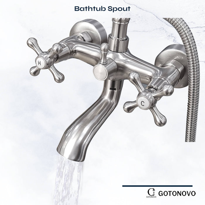 gotonovo Wall Mount Bathroom Bathtub Faucet Set Vintage with Hand Held Shower Spray Double Cross Handle 2 Functions 360 Swivel Mixer Tub Spout