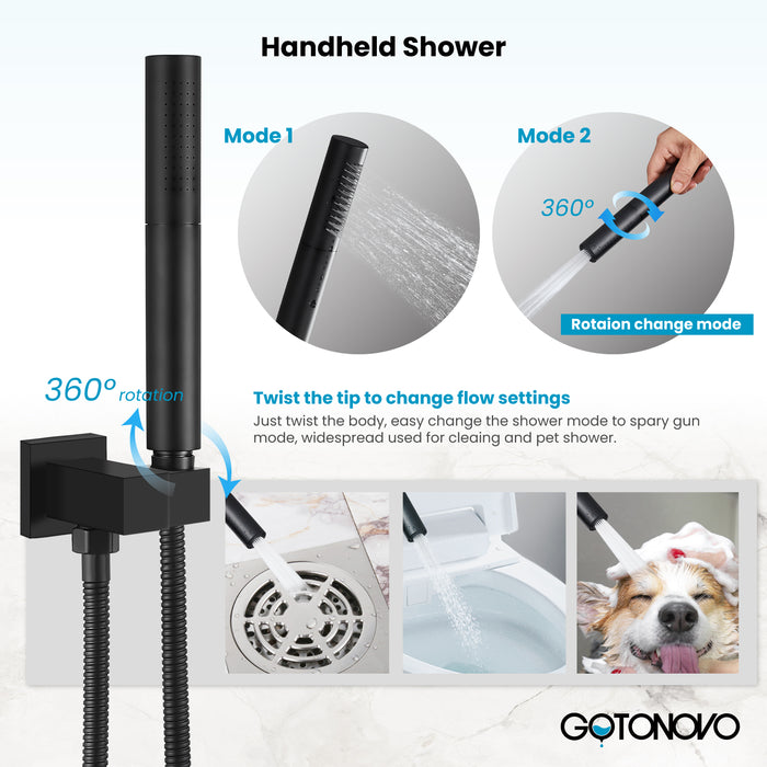 Gotonovo Rainfall Shower System Wall Mount Square Showerhead Shower Trim Kit 2 in 1 Cylindrical Handheld shower with Rough-in Valve