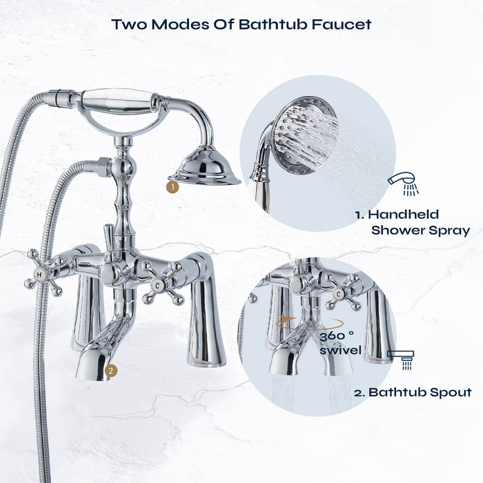 Tub Bathtub Clawfoot Faucet Deck Mount with Handheld Shower Telephone Shaped Sprayer Showerheld Double Cross Handle