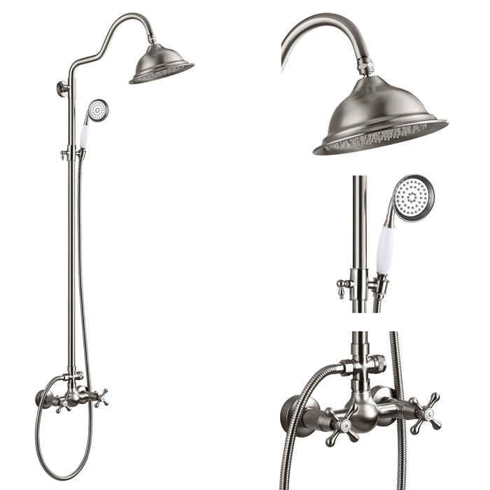 Gotonovo blootgesteld douchesysteem met telefoonvorm handsproeier wandmontage 8 inch ronde douchekop dubbele kruishandgrepen doucheset met dubbele functie