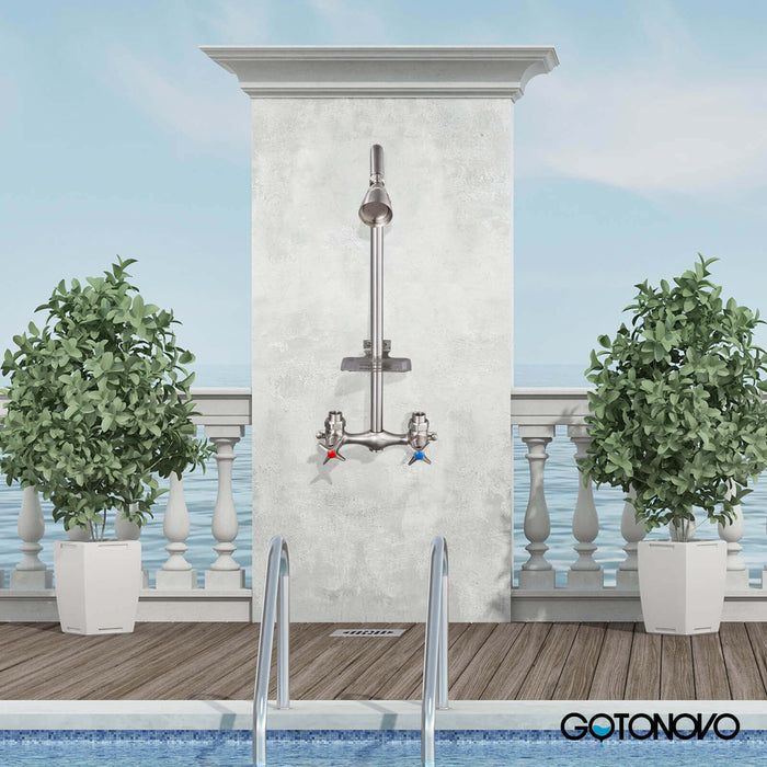 gotonovo Outdoor Shower Faucet Set Double Cross Handles Exposed Shower System Rainfall Shower Head Wall Mount Shower Fixture Kit Brass Mix Valve