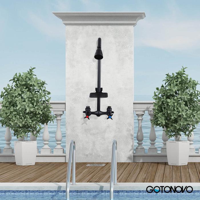 gotonovo Outdoor Shower Faucet Set Double Cross Handles Exposed Shower System Rainfall Shower Head Wall Mount Shower Fixture Kit Brass Mix Valve