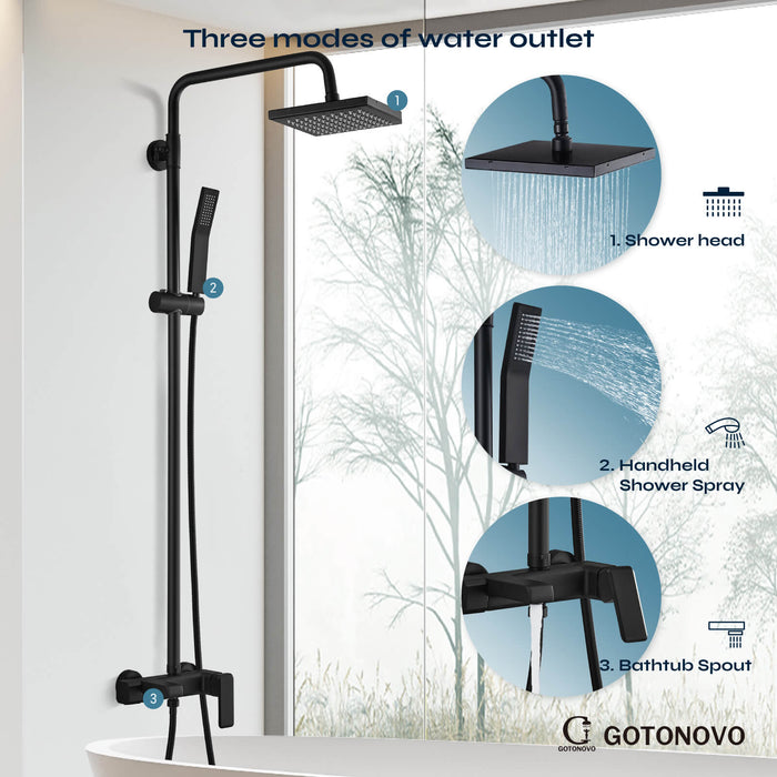 gotonovo Matte Black Exposed Shower Faucet Fixture Set 8inch Rain Shower Single Handle Triple Function Tub Spout Shower Fixture Combo System Unit Set