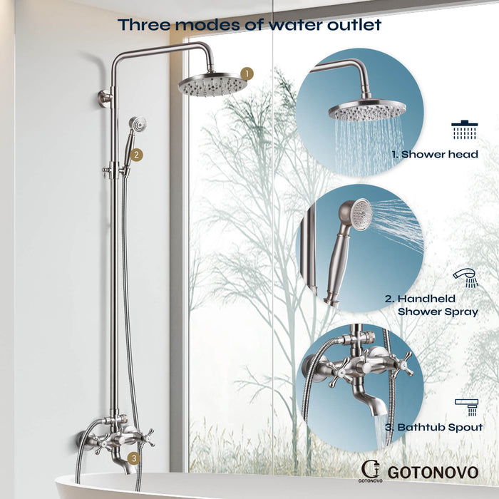 gotonovo Exposed Shower Set 8inch Top Shower Double Knobs cross Handle with Tub Spout Triple Function Shower Fixture System Set