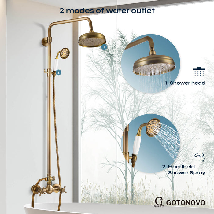 gotonovo Exposed Shower System Combo Set 8inch Rainfall Shower Head and Handheld Spray Double Knobs Cross Handle Dual Function Bathroom Shower Faucet Set