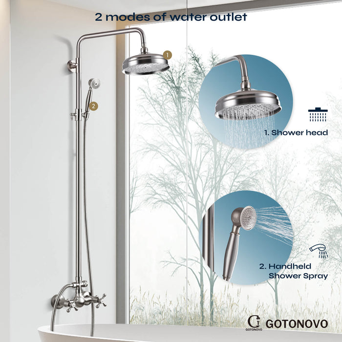 gotonovo Exposed Shower Fixture Set 8inch Rain Shower Head Double Knobs Cross Handle Dual Function Shower Faucet Combo Set