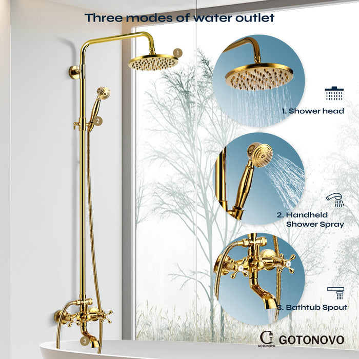 gotonovo Exposed Shower Set 8inch Top Shower Double Knobs cross Handle with Tub Spout Triple Function Shower Fixture System Set