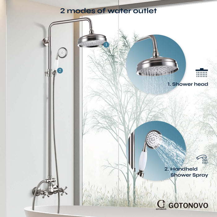 gotonovo Exposed Shower System Combo Set 8inch Rainfall Shower Head and Handheld Spray Double Knobs Cross Handle Dual Function Bathroom Shower Faucet Set