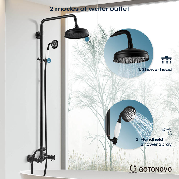 gotonovo Exposed Shower System Combo Set 8inch Rainfall Shower Head and Handheld Spray Double Knobs Cross Handle Dual Function Bathroom Shower Faucet Set