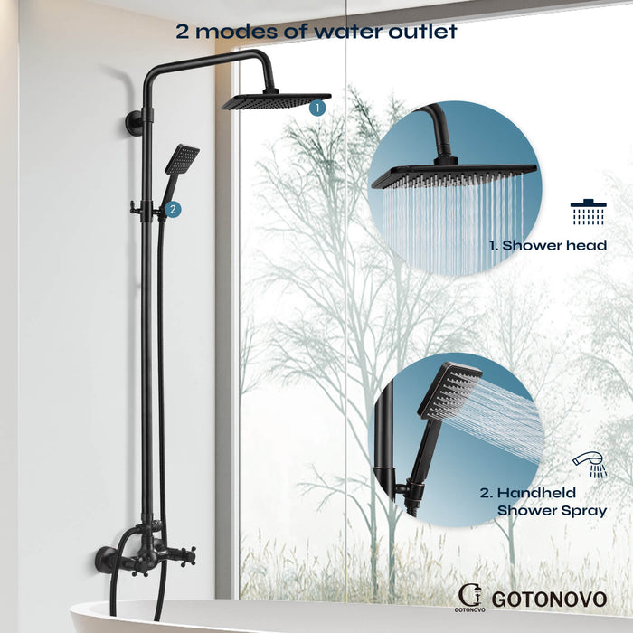 Gotonovo Olie Gewreven Gebronsde Blootgestelde Douchearmatuur Systeemset Combo met ABS Handdouche 8 inch Vierkante Douchekop Dubbele Knoppen Kruisgreep 2 Functie Buitendouche Kraan Unit Set 