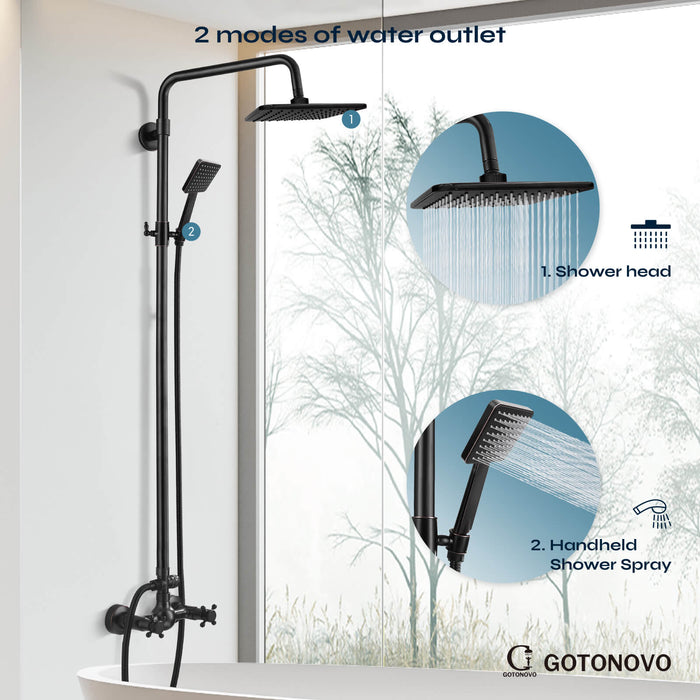 gotonovo Oil Rubbed Bronzed Exposed Shower Fixture System Set Combo with ABS Handheld Shower 8inch Square Shower Head Double Knobs cross Handle 2 Function Outdoor Shower Faucet Unit Set