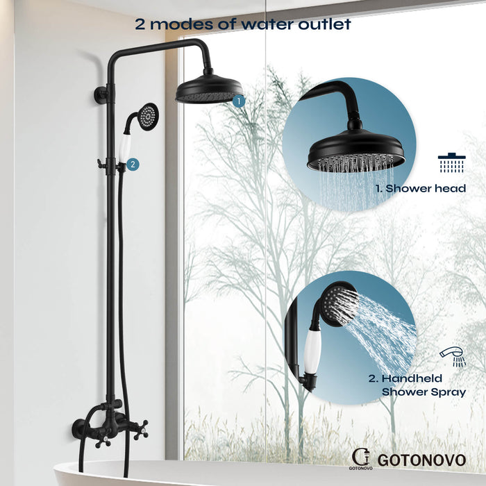 gotonovo Exposed Shower System Combo Set 8inch Rainfall Shower Head and Handheld Spray Double Knobs Cross Handle Dual Function Bathroom Shower Faucet Set