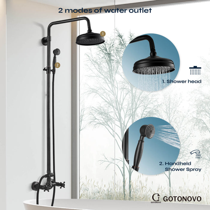 gotonovo Exposed Shower Fixture Set 8inch Rain Shower Head Double Knobs Cross Handle Dual Function Shower Faucet Combo Set