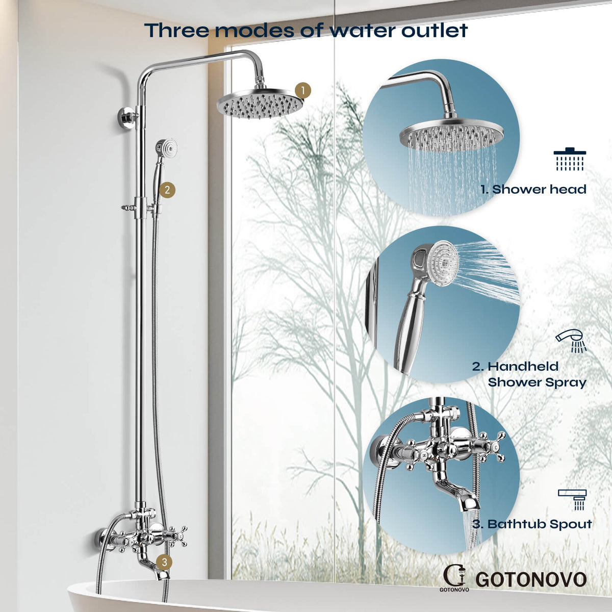 AlenArtWater Wall Mount Antique Brass 8'' Round Shower Head Triple Function Exposed Pipe Shower System Mixer Shower Faucet Sets With 2 Lever Knobs Handheld Sprayer With Tub Spout Aeja1199 - View #8
