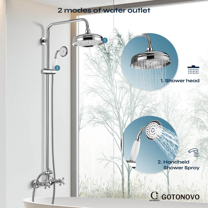 gotonovo Exposed Shower System Combo Set 8inch Rainfall Shower Head and Handheld Spray Double Knobs Cross Handle Dual Function Bathroom Shower Faucet Set