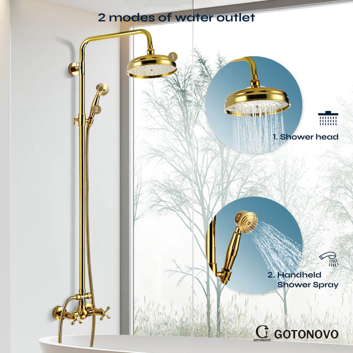 gotonovo Exposed Shower Fixture Set 8inch Rain Shower Head Double Knobs Cross Handle Dual Function Shower Faucet Combo Set