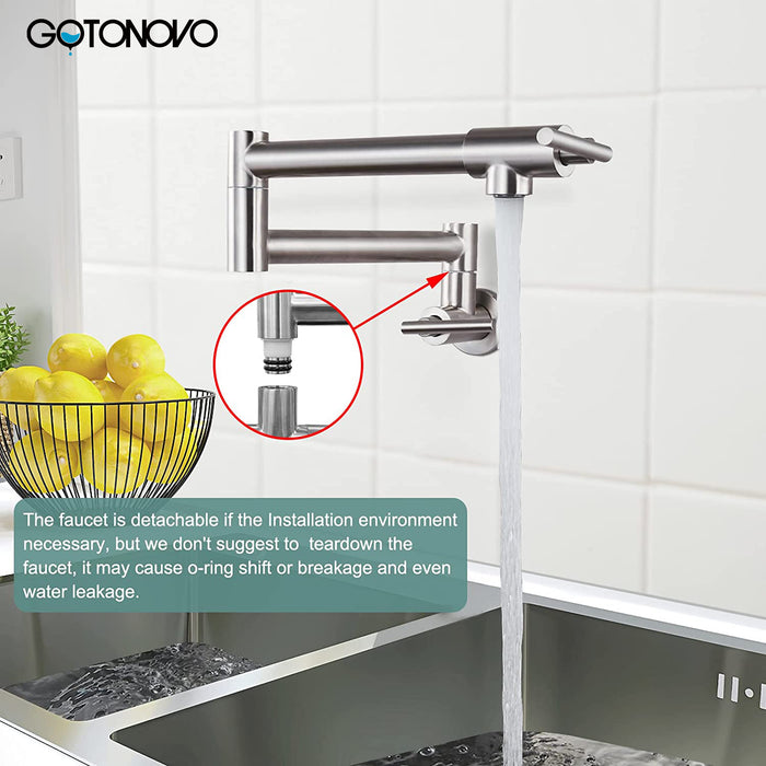 gotonovo Stainless Steel SUS304 Pot Filler Faucet Wall Mounted Double Joint Swing Folding Arms with Two Handles Single Hole Commercial Kitchen Sink Faucet to Control Water Stovetop