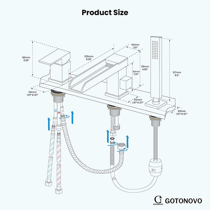 Gotonovo Waterval Romeinse badkuipkraan Tub Filler 3-gats dekmontage Enkele handgreep Wijdverspreide badkuipkraan met handdouche Badkamerkraan