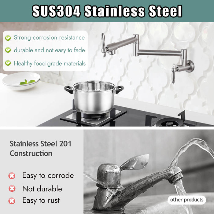 Stainless Steel SUS304 Pot Filler Faucet Double Joint Spout Stretchable Swing Arm with Single Hole Two Handles Wall Mounted Commercial Kitchen Sink Faucet