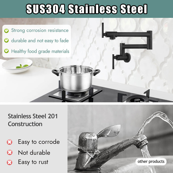 gotonovo Stainless Steel SUS304 Pot Filler Faucet Wall Mounted Double Joint Swing Folding Arms with Two Handles Single Hole Commercial Kitchen Sink Faucet to Control Water Stovetop