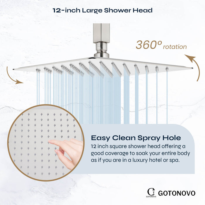 gotonovo Rain Shower System Ceiling Mount 12 Inch Shower Head with Handheld Spray Luxury High Pressure Shower Combo Set Rough-in Valve and Shower Trim Included Dual Function
