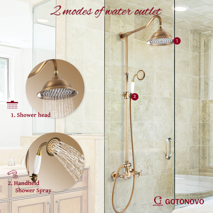 gotonovo Exposed Shower Faucet System 8inch Rain Shower Double Knobs Cross Handle Dual Function Shower Fixture Combo Unit Set