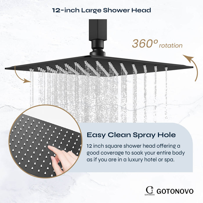 gotonovo Matte Black Rain Shower System Ceiling Mount 12 Inch Shower Head with Handheld Spray Luxury High Pressure Shower Combo Set Rough-in Valve and Shower Trim Included Dual Function