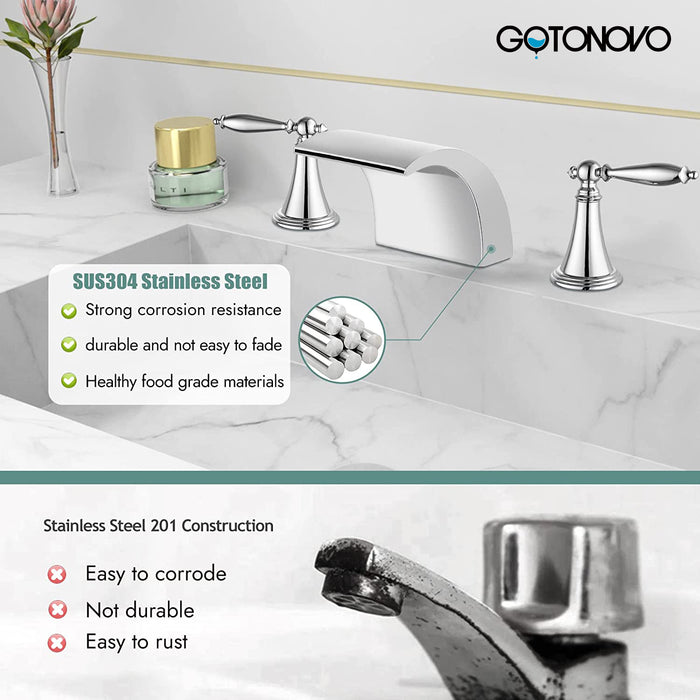 gotonovo Bathroom Widespread Sink Faucet Waterfall Spout 8 16 Inch Dual Handles Three Holes Deck Mount Pop Up Drain with Overflow Bathtub Basin Mixer Tap Commercial