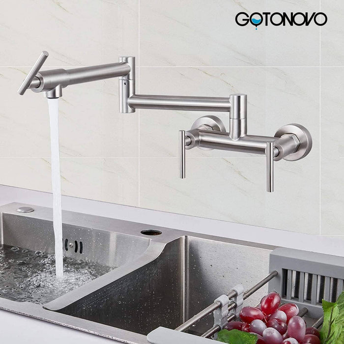 gotonovo Brushed Nickel Pot Filler Faucet Wall Mounted Kitchen Sink Faucets for Hot and Cold Water 6 Inch Spacing Three Handles Stainless Steel Folding Kitchen Faucet with Double Joint Swing Arm