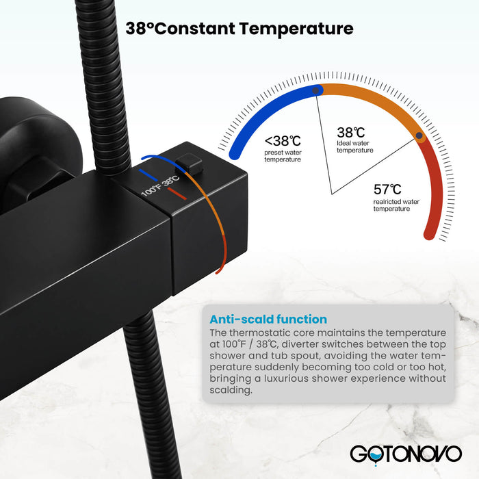 Gotonovo blootgesteld douchesysteem thermostatische 8'' ronde douchekop met in hoogte verstelbare schuifbalk ABS handsproeier wandmontage douchearmatuur 