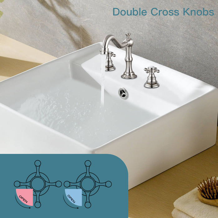 gotonovo Bathroom Sink Faucet Deck Mount Widespread Double Mixing Tap Cross Knobs 3 Hole with Pop Up Drain