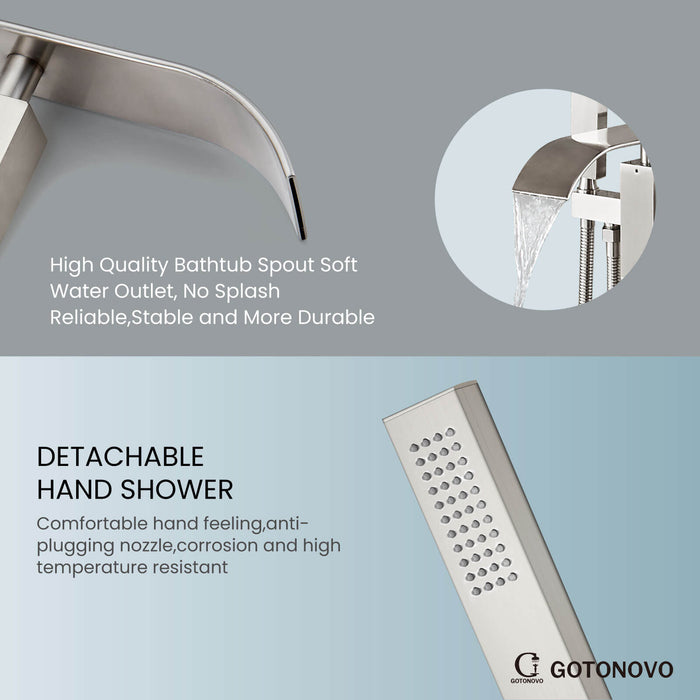 gotonovo Freestanding Tub Filler Waterfall Bathtub Faucet Floor Mount Single Handle Brass Tub Faucets with Handheld Shower Swivel Spout