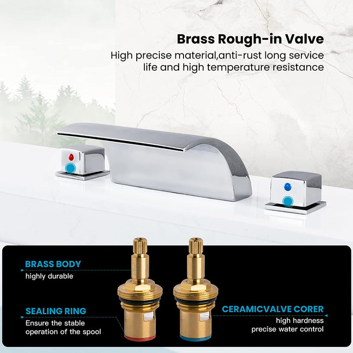 gotonovo Bathroom Waterfall Tub Faucet Deck Mount Roman Tub Filler 3 Hole Bathtub Faucet with Square Knob Handle Bathtub Spout Brass Valve Stainless Steel Water Supply Lines High Flow