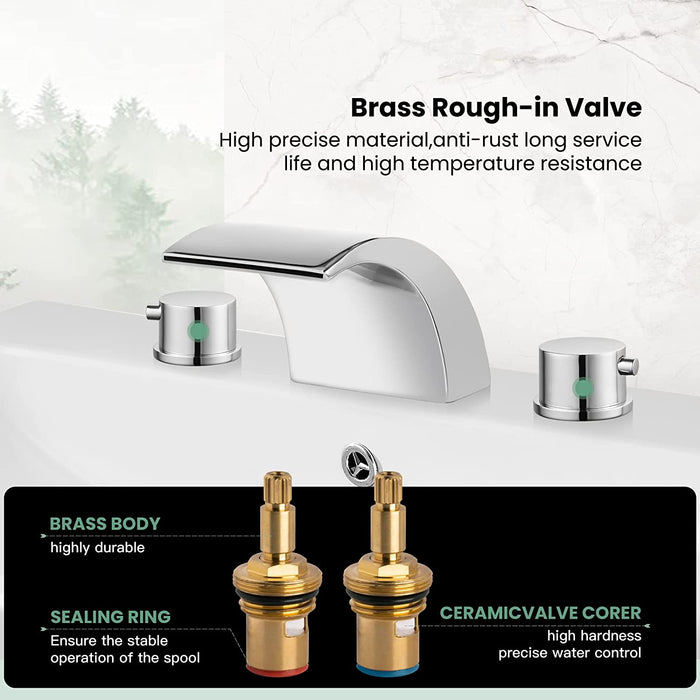 Waterfall Widespread 3 Holes Bathroom Sink Faucet Deck Mounted 8-16 Inch Double Handles Commercial with Pop Up Drain