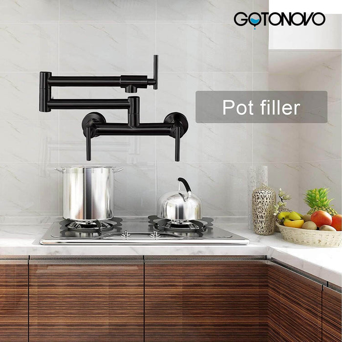 gotonovo Matte Black Pot Filler Faucet for Both Hot Cold Water Folding Kitchen Faucet Wall Mount Commercial Restaurant 8 Inch Spacing Three Handles Stainless Steel Mixer Tap with Double Joint Swing Arm