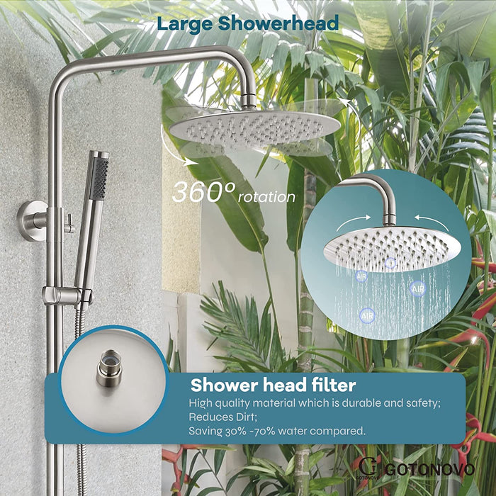gotonovo Outdoor Shower Faucet SUS304 Shower Fixture System Combo Set Double Cross Handle Rainfall Shower Head High Pressure Hand Spray Wall Mount 2 Function 8 inch