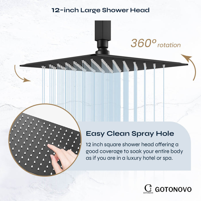 gotonovo douchesysteem met badkuipuitloop, 12 inch plafondmontage, 3-functiemengkraan, douchecombinatieset, regendouche, handdouche, badkamer, luxe inbouwventielbehuizing en afwerkingsset 