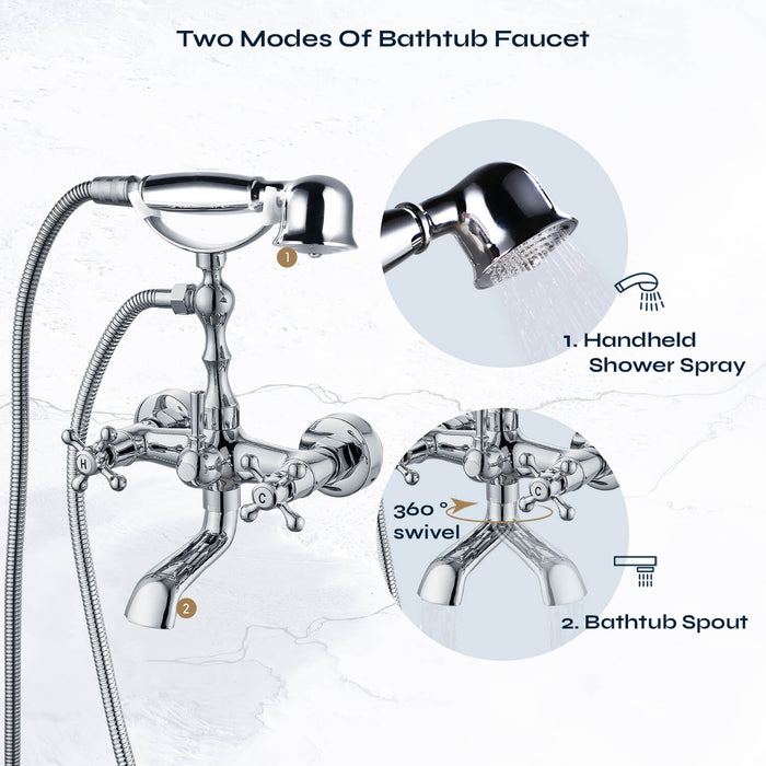 gotonovo Wall Mount Bathroom Bathtub Faucet Set Vintage with Hand Held Shower Spray Double Cross Handle 2 Functions 360 Swivel Mixer Tub Spout