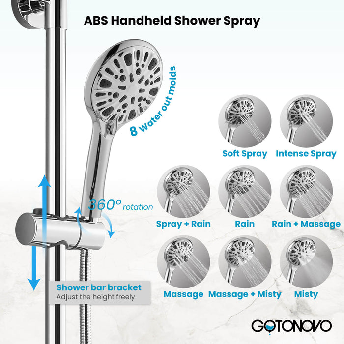 Gotonovo Exposed Shower System Thermostatic 8 inch Round Shower Head with Height Adjustable Slide Bar ABS Handheld Sprayer Wall Mount Shower Fixture
