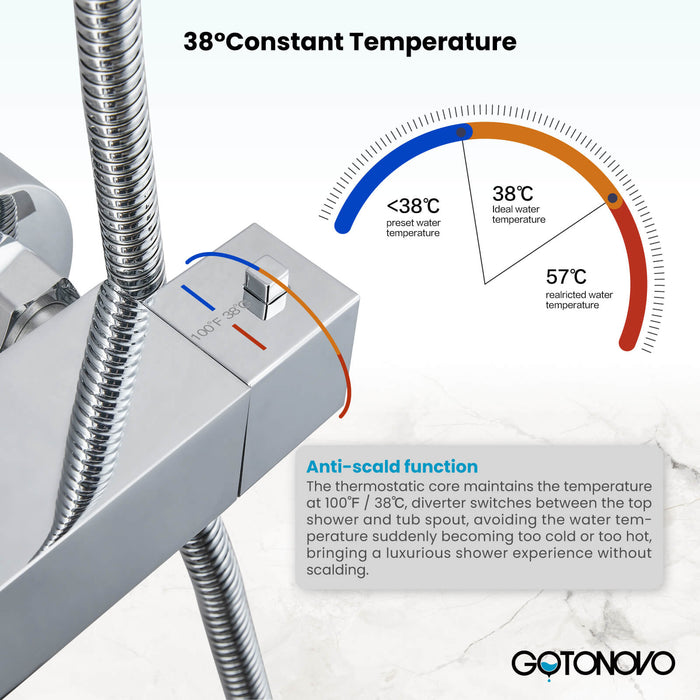 Gotonovo blootgesteld douchesysteem thermostatische 8'' ronde douchekop met in hoogte verstelbare schuifbalk ABS handsproeier wandmontage douchearmatuur 